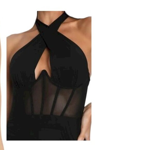 Never-Ending Glamour Black Mesh Cross-Front Halter Maxi Dress Size XS NWOT - Picture 13 of 13